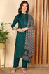 Plus Size Teal Green Pure Cotton Floral Embroidered Straight Suit Set